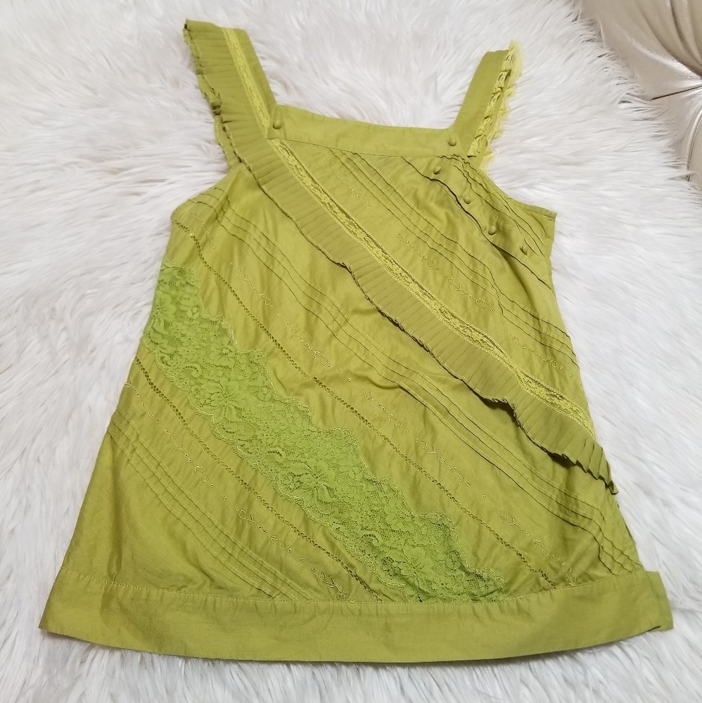 Bcbgmaxazria Green Cotton Lace Pleated Blouse Sm